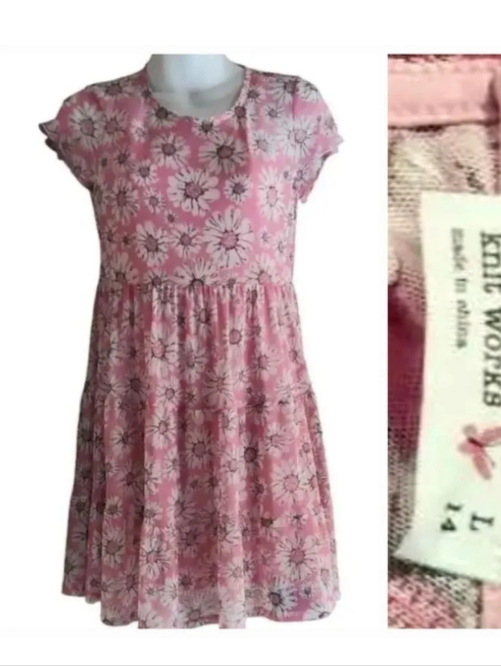 NWT Knitworks Pink With Daisies Smocked Dress with Cap Sleeves ~L 14